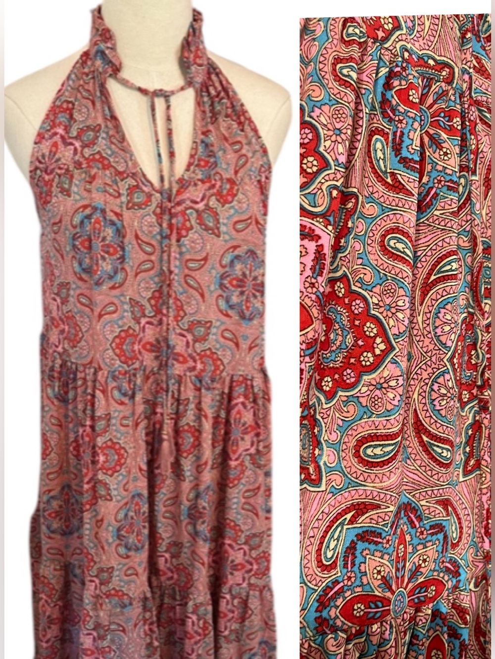 Boemo Paisley Print Halter Tiered Maxi Dress, sold @ Anthropologie pink Sz MED